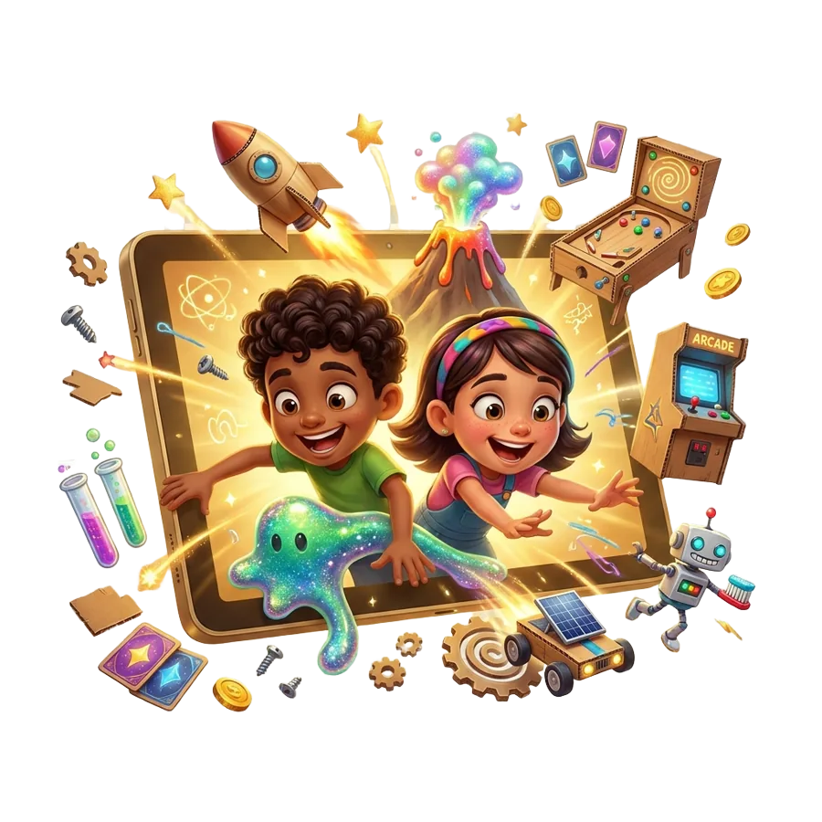 Menino e menina saindo de um tablet com vulcão, arcade, pinball, slime, robô e foguete ao redor